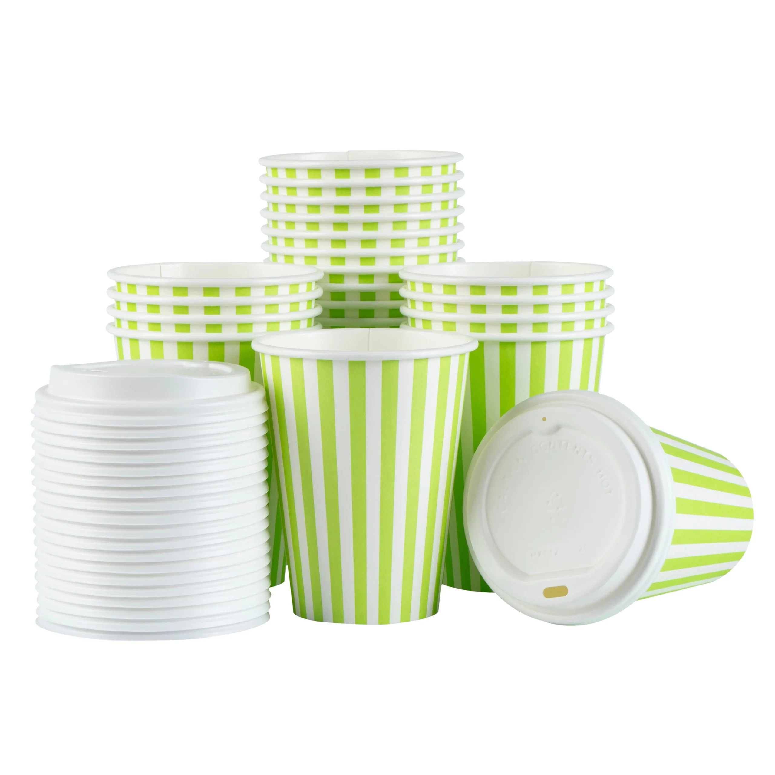 Cups, Hot, Restpresso 12 Ounce, Paper, Green & White Stripe, Single Wall, 3.50 x 3.50 x 4.75 Inch, with White Lid,20 - 1 EACH