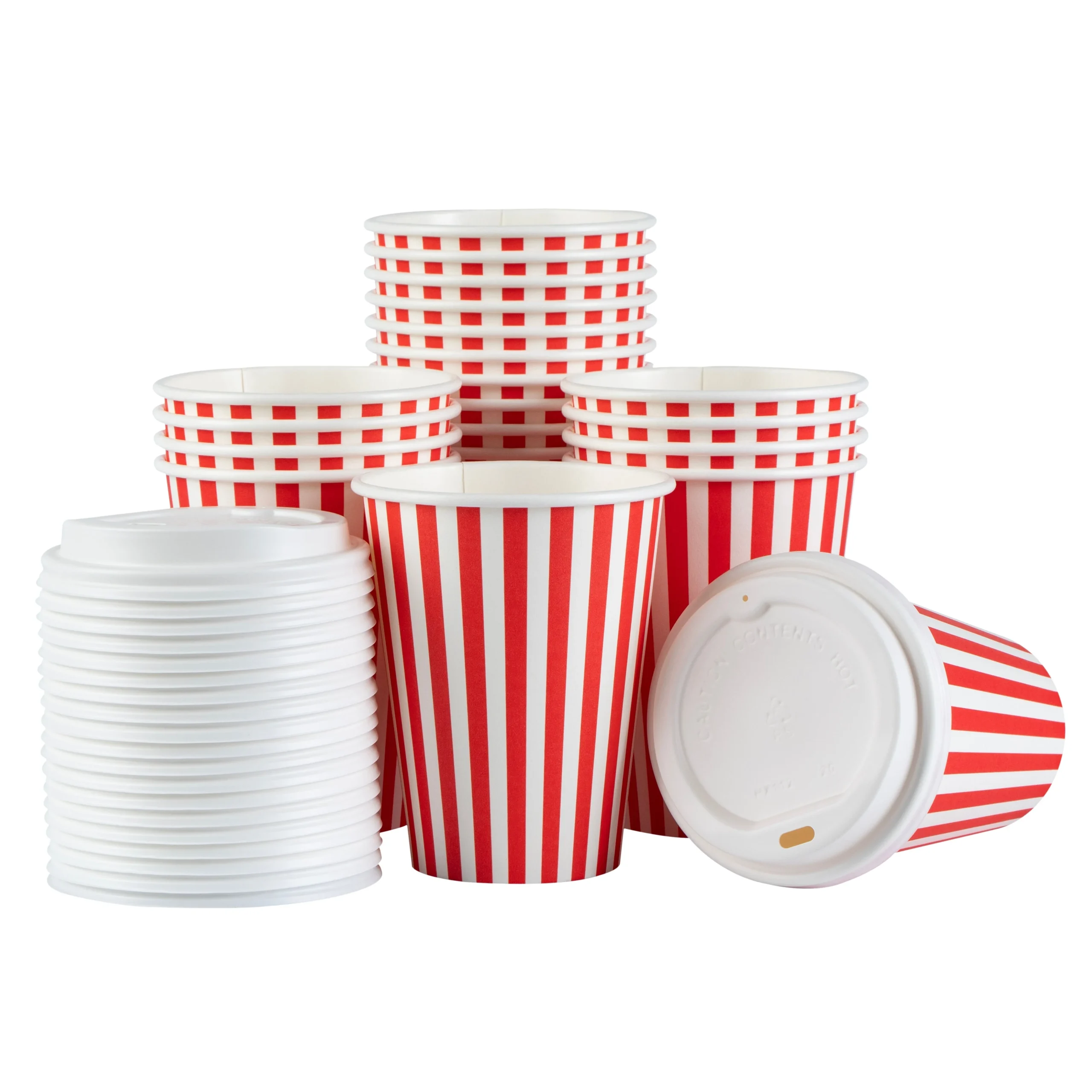 Cups, Hot, Restpresso 12 Ounce, Paper, Red & White Stripe, Single Wall, 3.50 x 3.50 x 4.75 Inch, with White Lid,20 - 1 EACH
