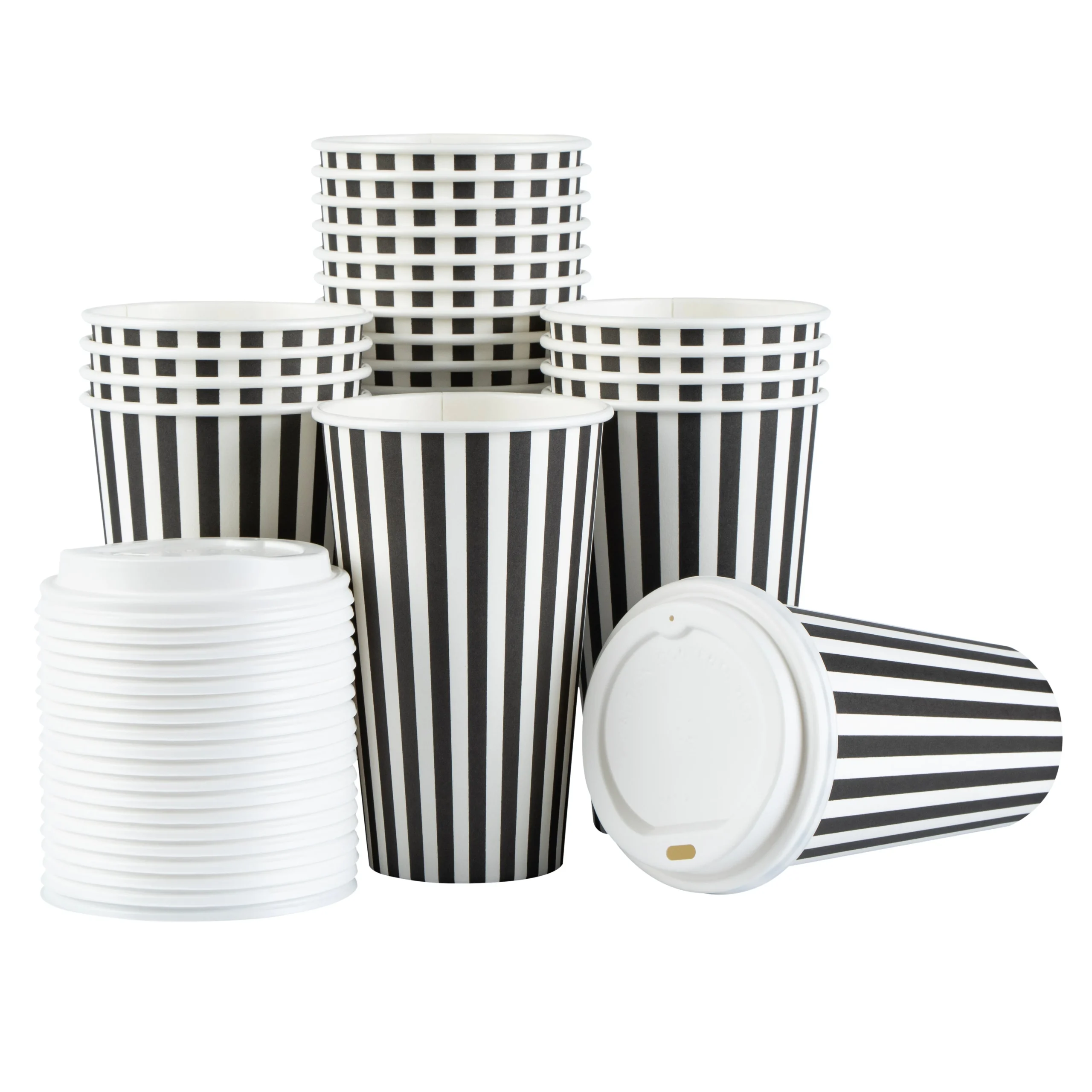Cups, Hot, Restpresso 16 Ounce, Paper, Black & White Stripe, Single Wall, 3.50 x 3.50 x 5.75 Inch, with White Lid,20 - 1 EACH