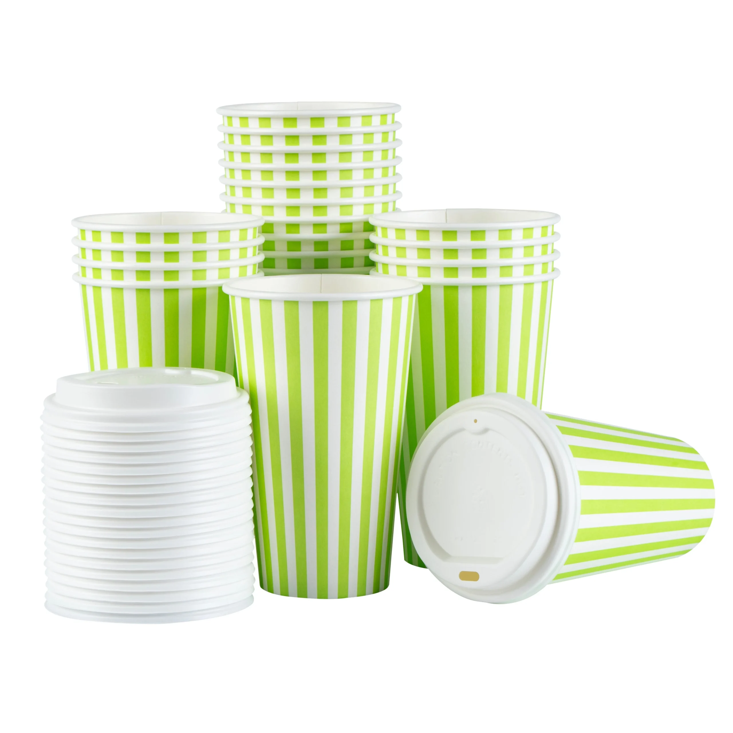 Cups, Hot, Restpresso 16 Ounce, Paper, Green & White Stripe, Single Wall, 3.50 x 3.50 x 5.75 Inch, with White Lid,20 - 20 COUNT