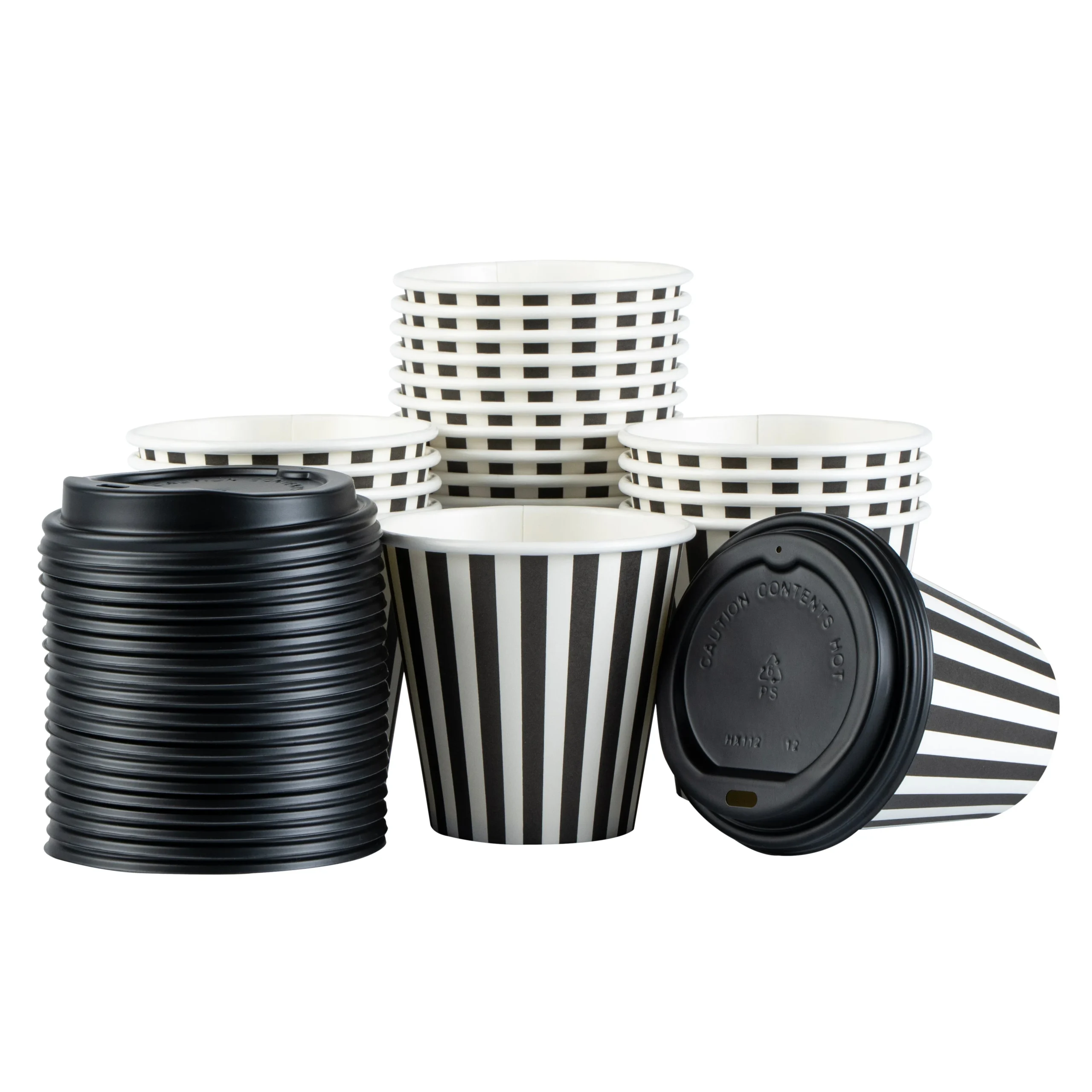 Cups, Hot, Restpresso 8 Ounce, Paper, Black & White Stripe, Single Wall, 3.50 x 3.50 x 3.25 Inch, with Black Lid,20 - 20 COUNT
