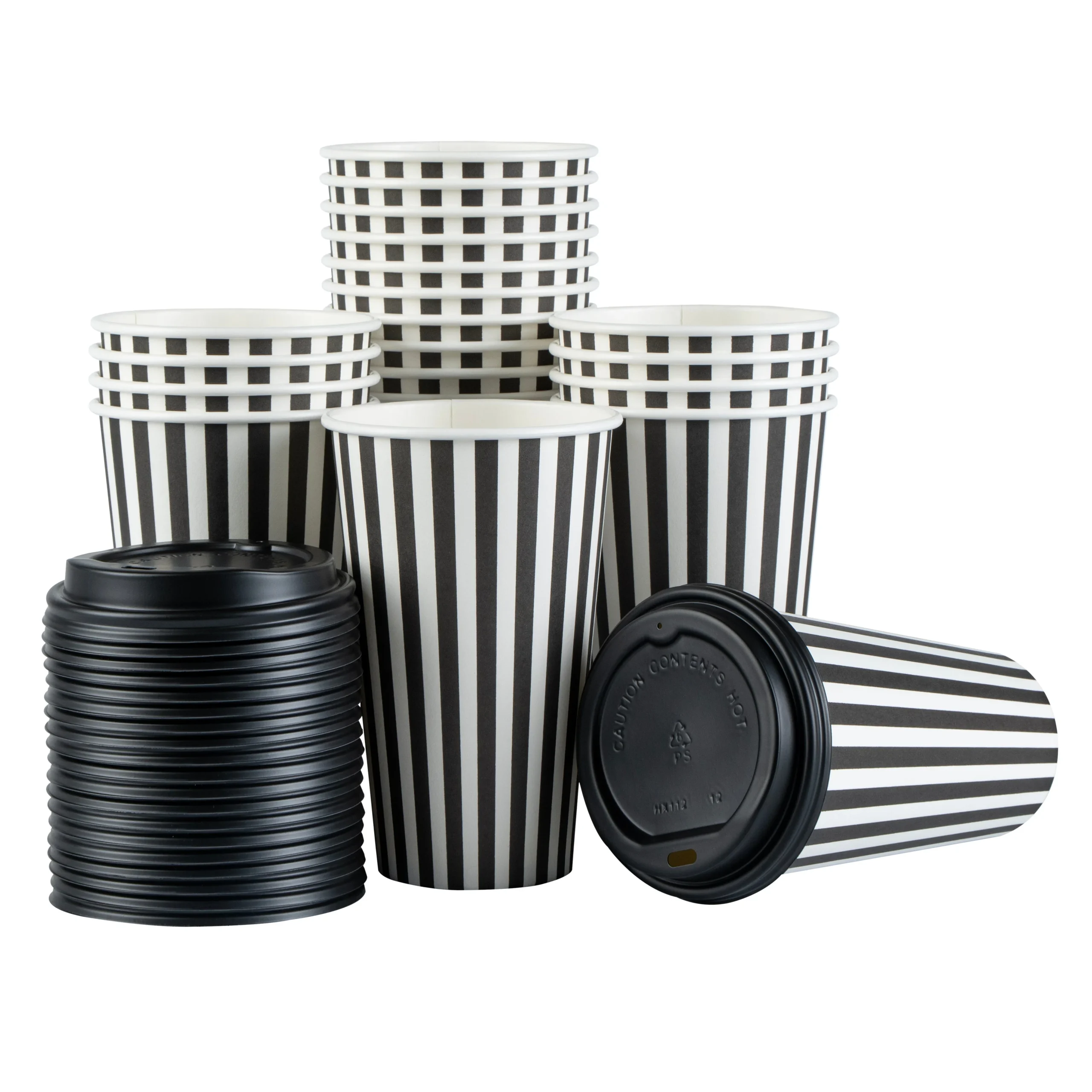 Cups, Hot, Restpresso 16 Ounce, Paper, Black & White Stripe, Single Wall, 3.50 x 3.50 x 5.50 Inch, with Black Lid,20 - 20 COUNT