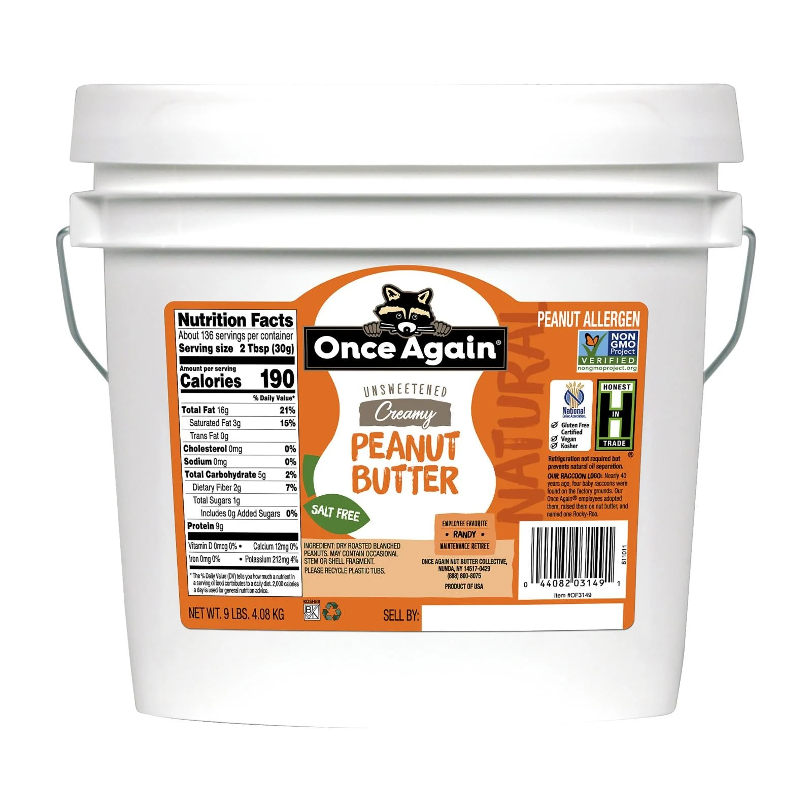 Peanut Butter, Unsweetened, Creamy, Salt Free, Pail, Bulk,1 - 9 POUND