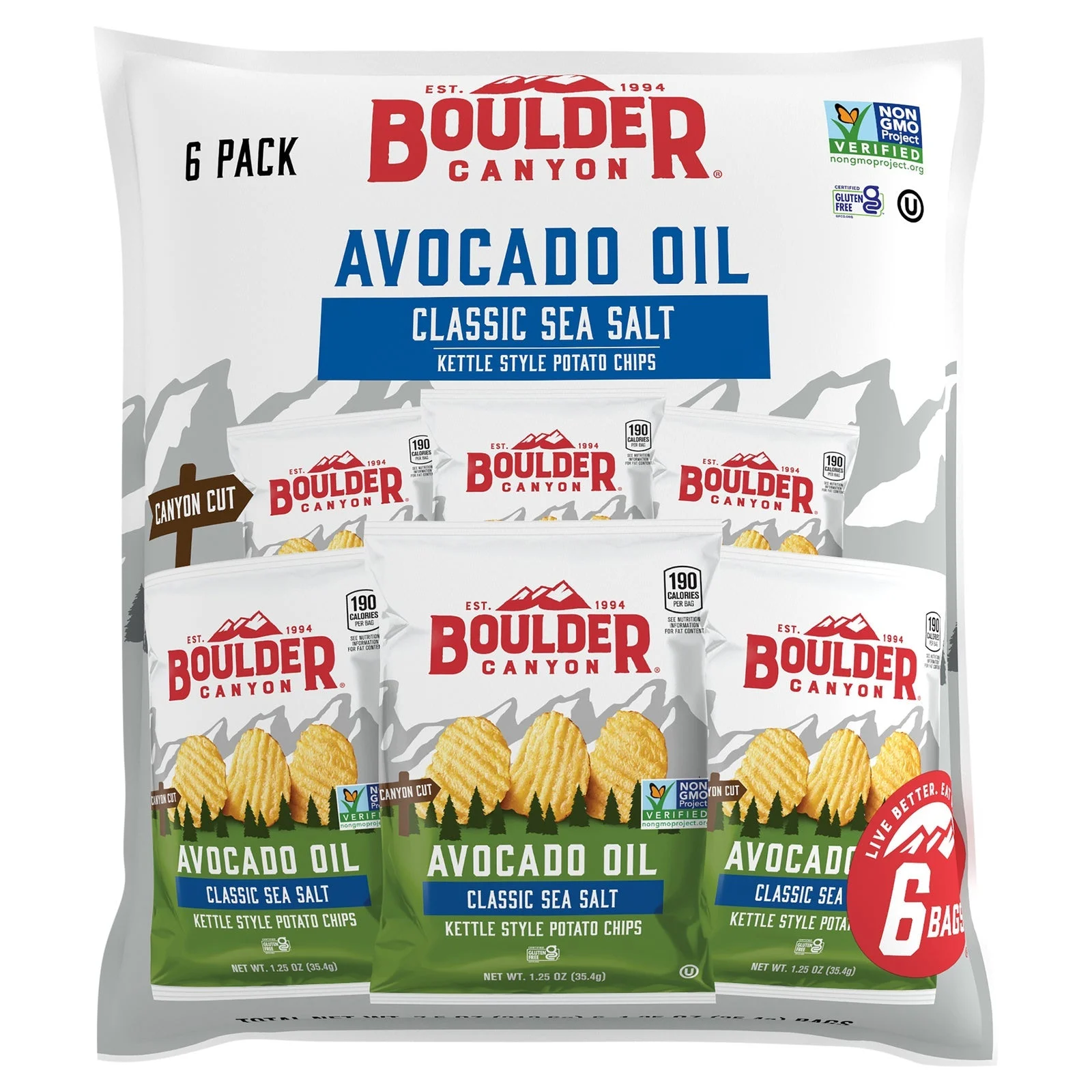 Chips, Potato, Kettle-Cooked Canyon-Cut, Classic Sea Salt, Avocado Oil, Single-Serve, 1.25 Ounce,8 - 6 COUNT