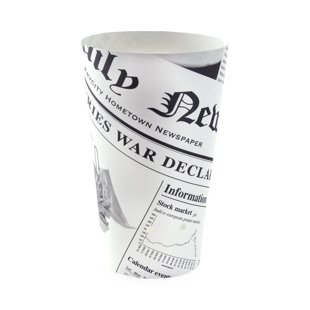 Cups, Snack, 16 Ounce, Paper, Happy Fries News Print, Closable Perforated, 16 Ounce,20 - 50 COUNT