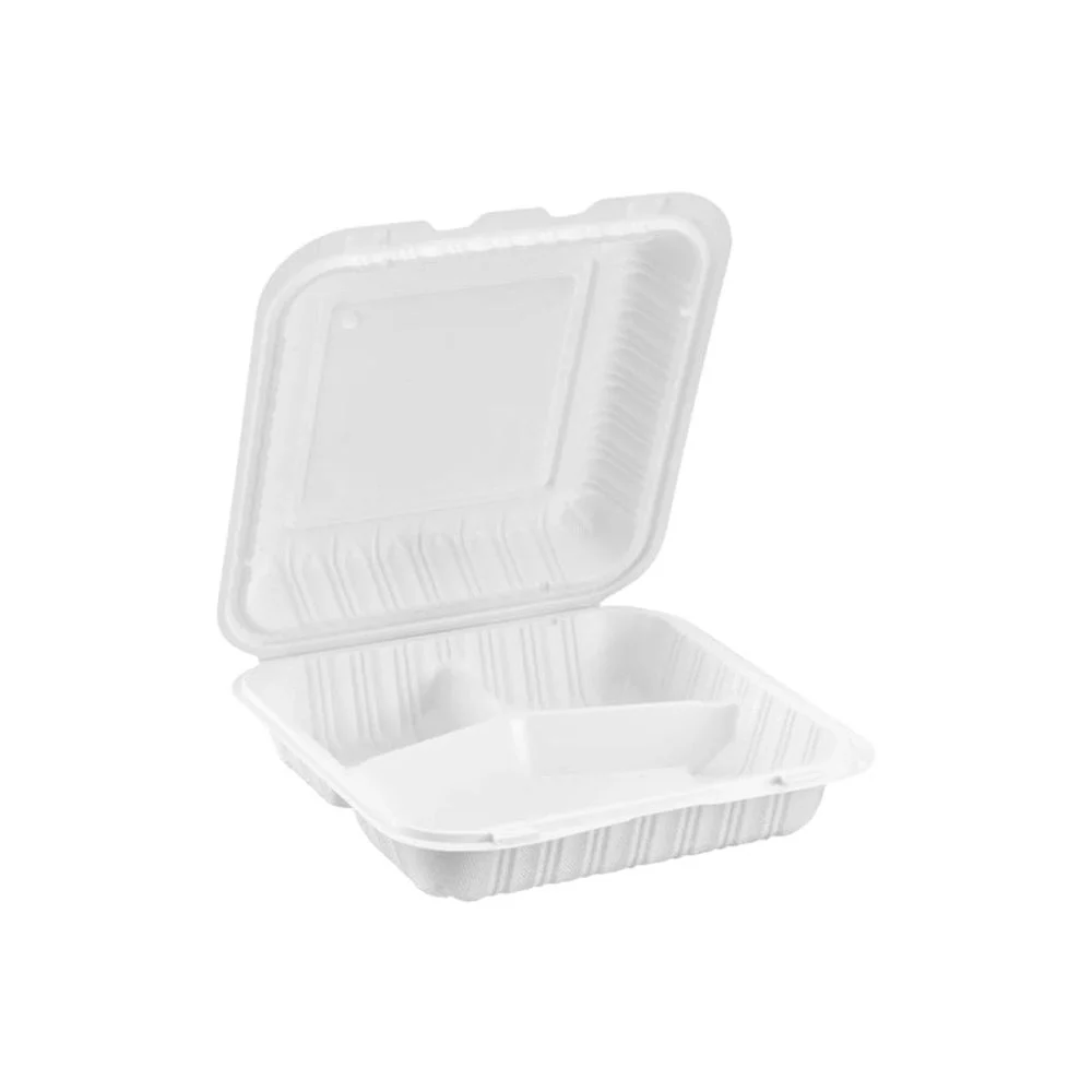 Container, 3-Compartment, 7 x 7 Inch, Microwaveable Plastic, White, Hinged, Vented, MFPP,150 - 1 COUNT