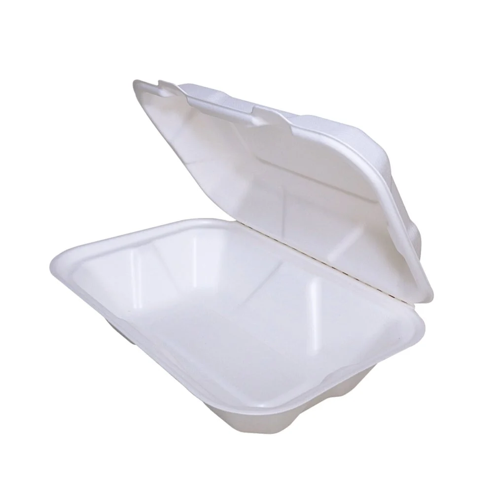 Container, 9 x 6 Inch, Sugarcane, White, Rectangle, Hinged,250 - 1 COUNT
