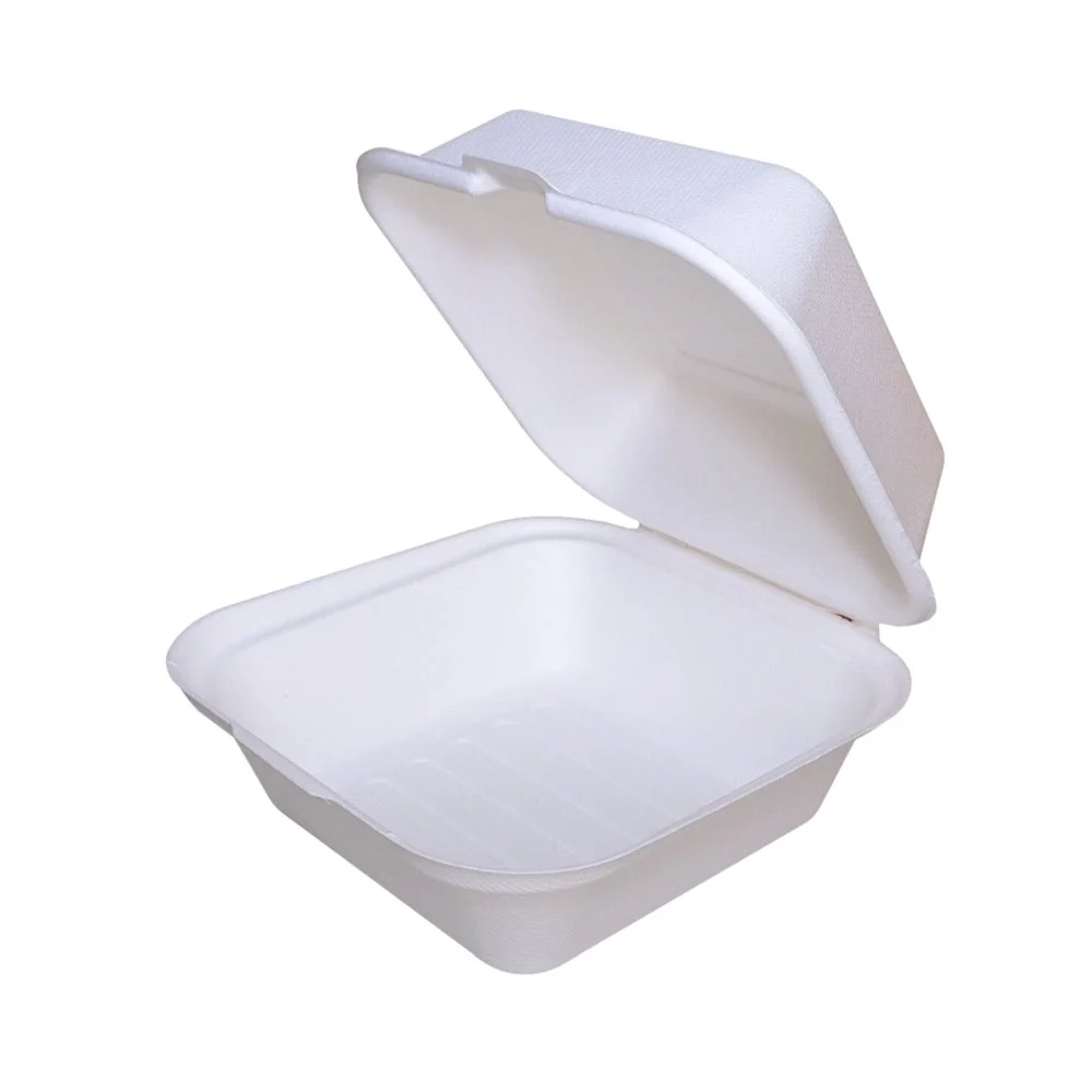 Container, 6 x 6 Inch, Sugarcane, White, Hinged,500 - 1 COUNT