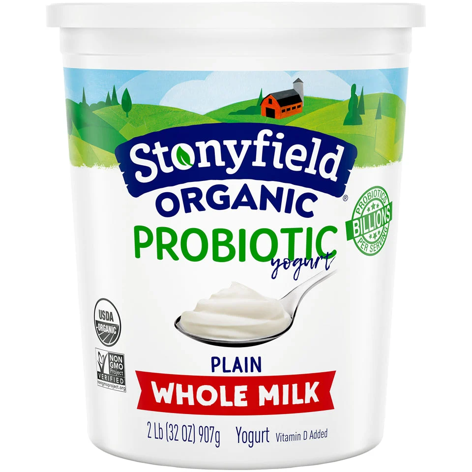 Stonyfield Organic Plain Whole Milk Probiotic Yogurt Tub 32 Ounce Size - 6 Per Case.