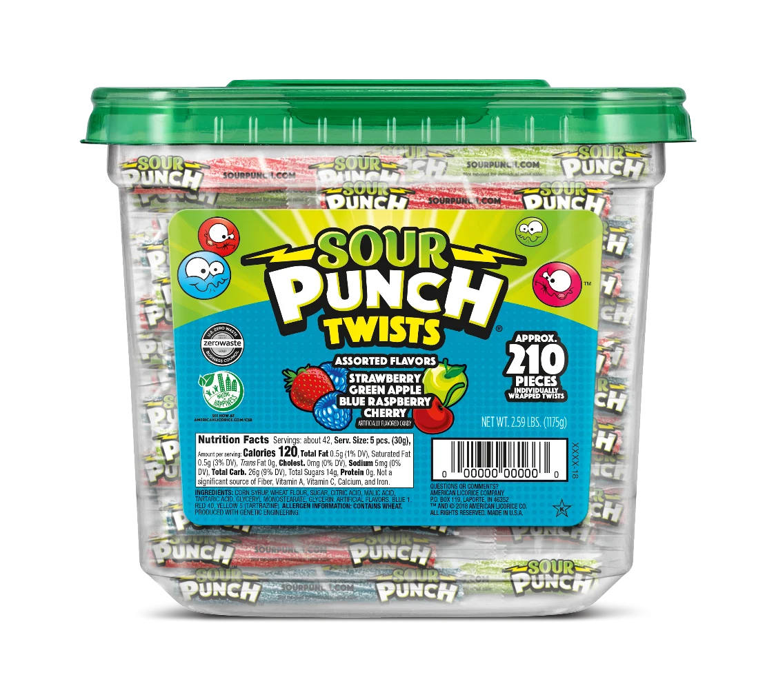 Sour Punch Twists Flavor Individually Wrapped Casejar 2.59 Pound Each - 6 Per Case.