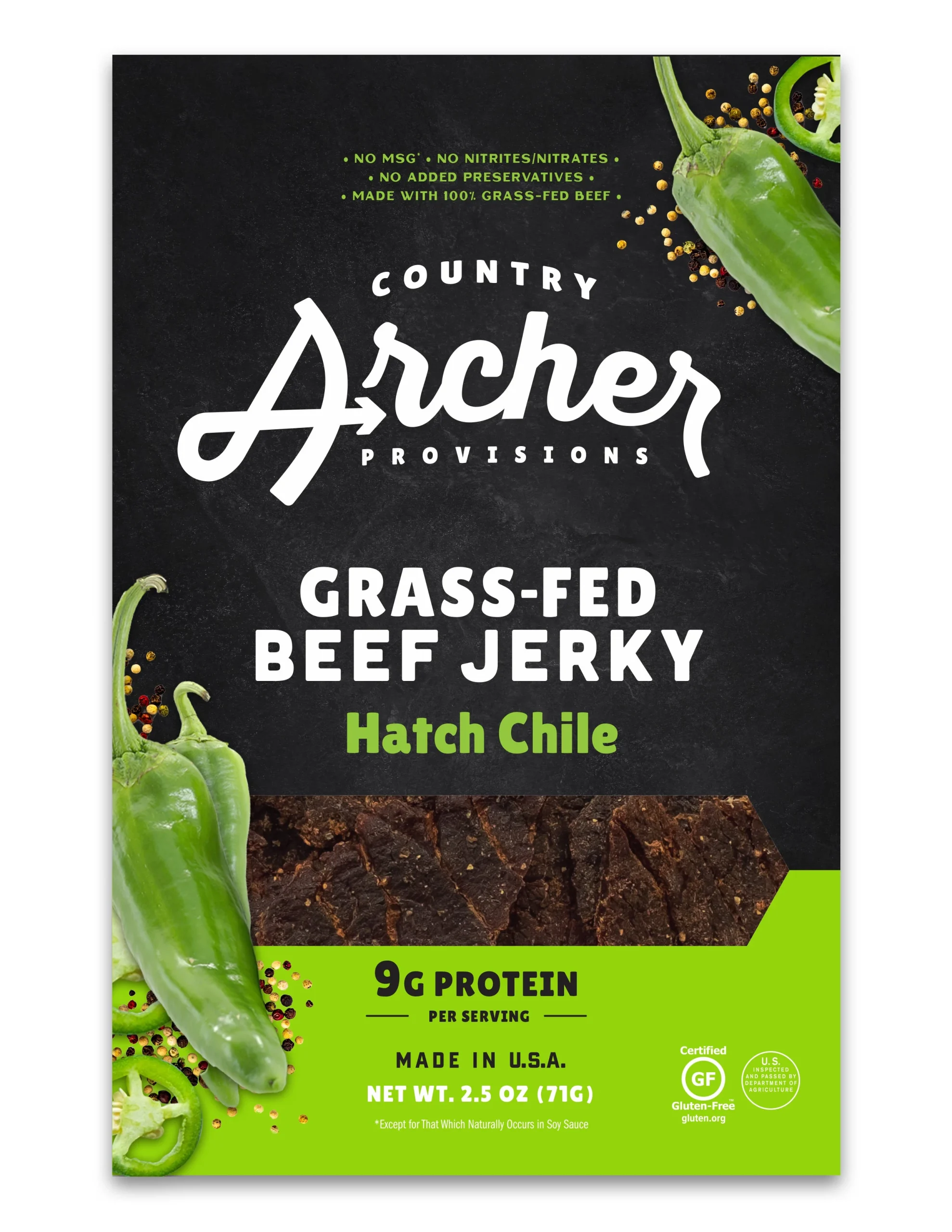 Country Archer Jerky Co Hatch Chile Beef Jerky 2.5 Ounce Size - 12 Per Case.
