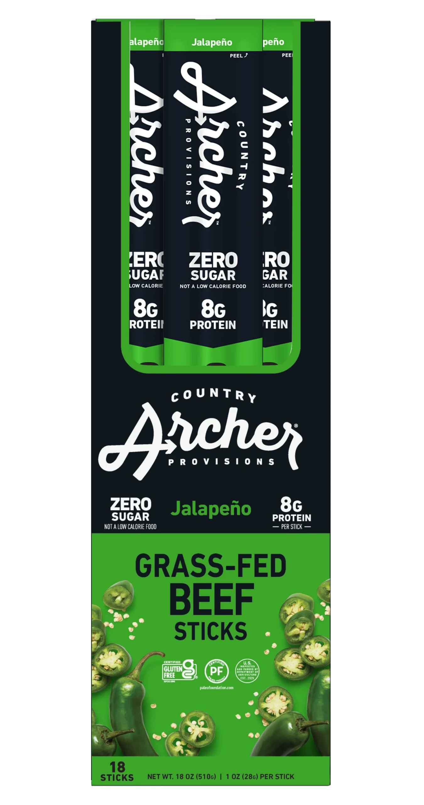 Country Archer Jerky Co Jalapeno Beef Sticks 1 Ounce Size - 108 Per Case.