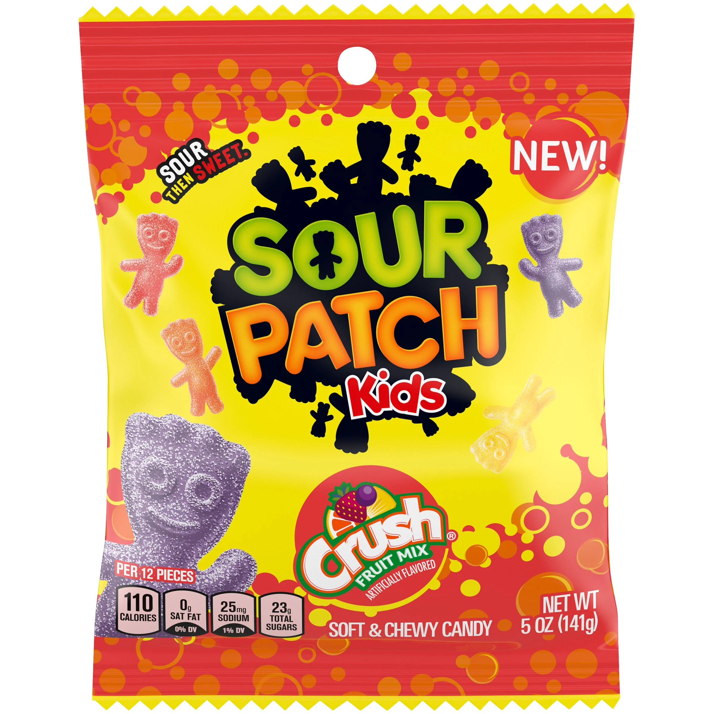 Sour Patch Kids Soft Candy Assorted Crush Fatfree Fruit Mix 5 Ounce Size - 12 Per Case.