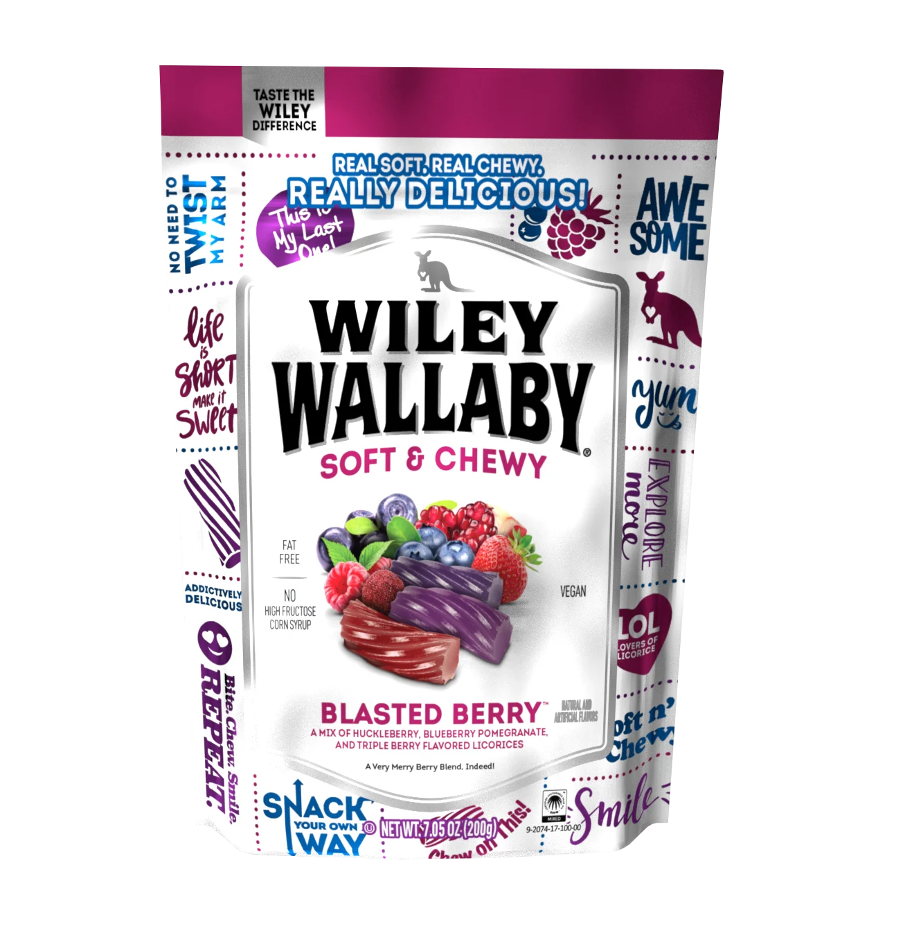 Wiley Wallaby Blasted Berry Licorice 7.05 Ounce Size - 12 Per Case.