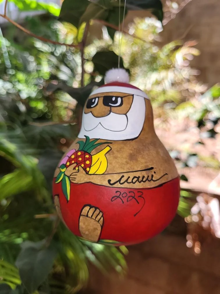 Santa Tropical Fruits Hand Painted Gourd by Anna Baniolessi