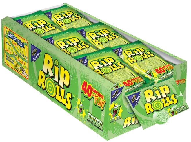 Rip Rolls Green Apple Goods Display Carton 1.4 Ounce Size - 288 Per Case.