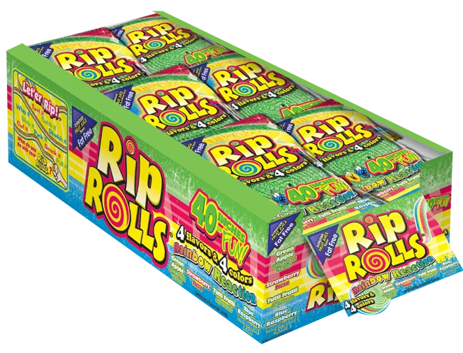 Rip Rolls Rainbow Reaction Goods Display Carton 1.4 Ounce Size - 288 Per Case.