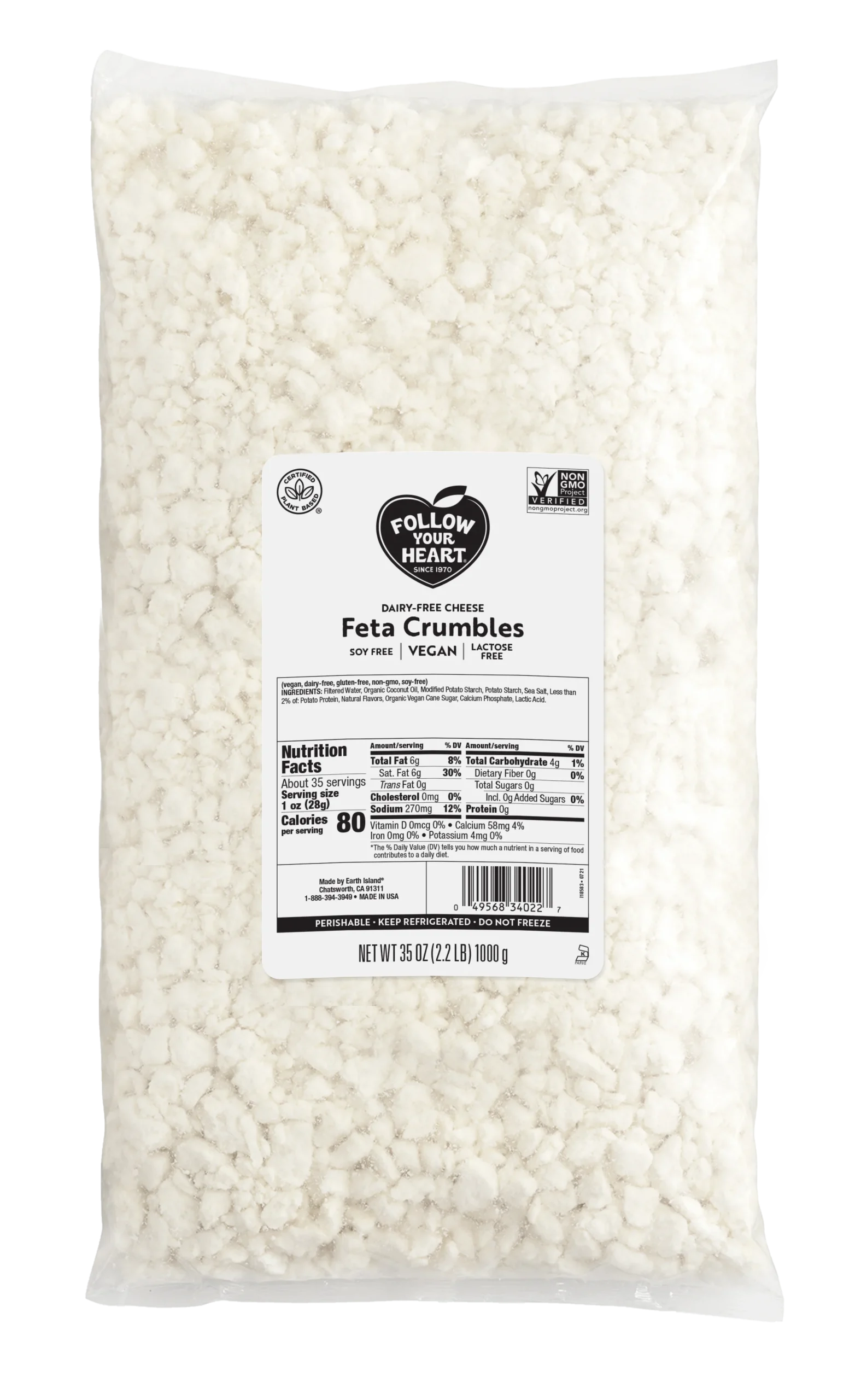 Dairy Free Feta Crumbles Cheese Alternative 2.2 Pound Each - 6 Per Case.