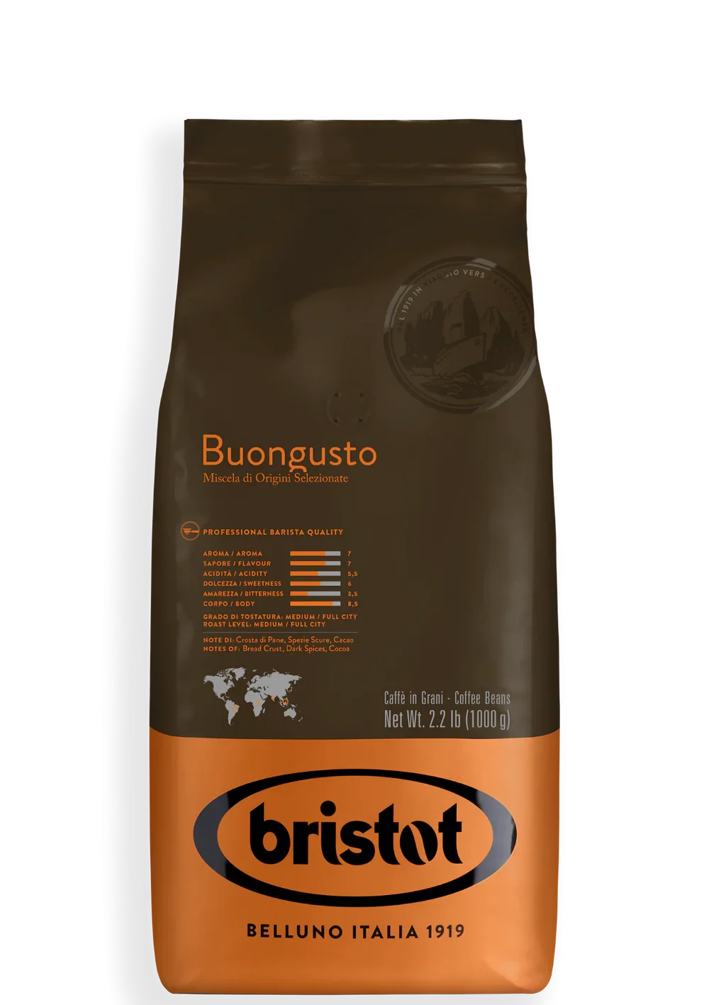 Caffe Bristot Buongusto, Medium Roast, Coffee Beans, 2.2 lb | 1000g