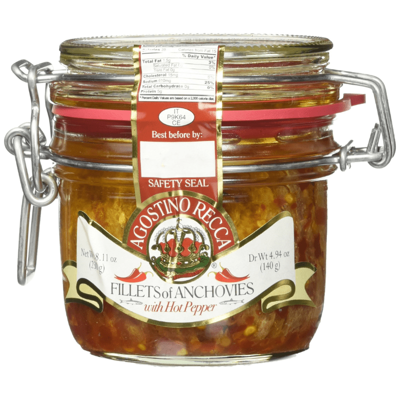 Agostino Recca Hot Anchovies Fillets in Olive Oil Jar, 8.1 oz