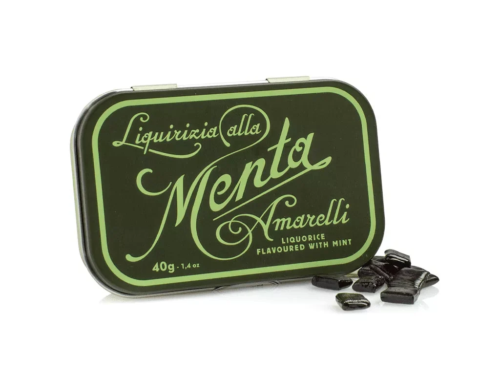Amarelli Favette Green Tin – Solid Liquorice Flavoured with Mint, 40g