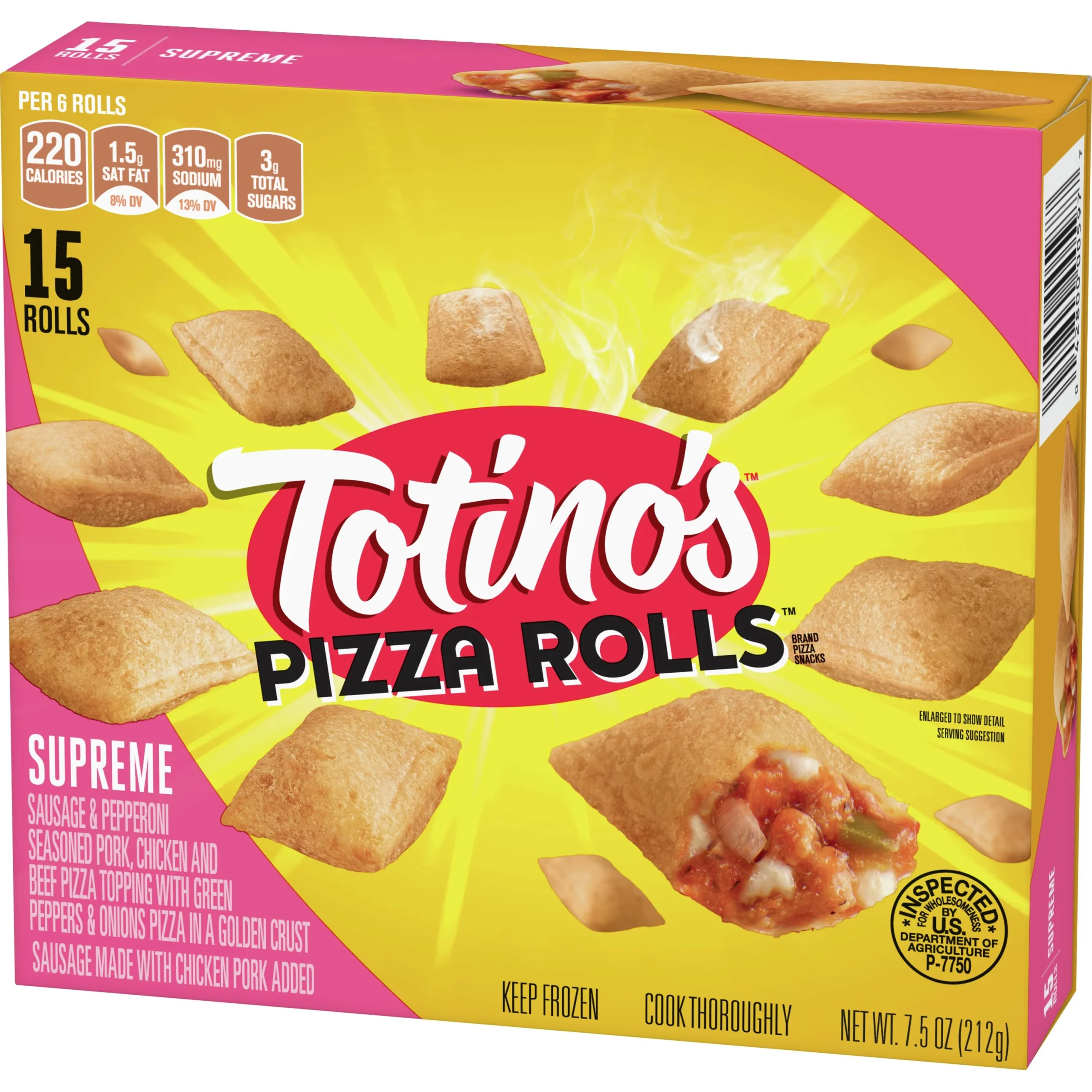 Totino's Frozen Hot Snacks Pizza Rolls Supreme 7.5 Ounce Size - 12 Per Case.