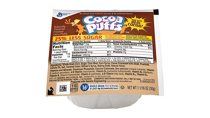 Cocoa Puffs Cereal Less Sugar Single Serve Bowlpak 1.06 Ounce Size - 96 Per Case.