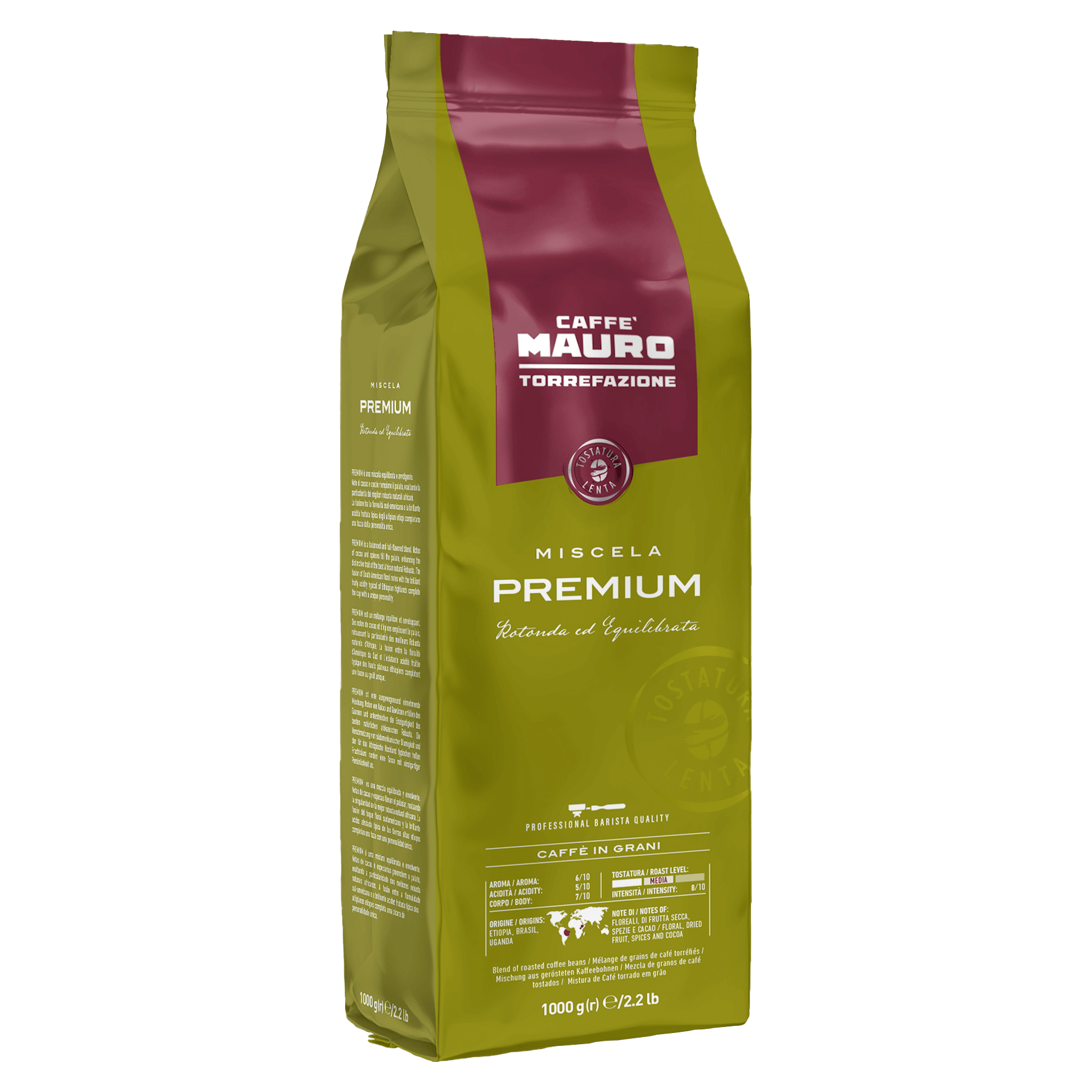 Caffe Mauro Premium Coffee Beans, Medium Roast 8/10 Intensity, 2.2 lb | 1000g