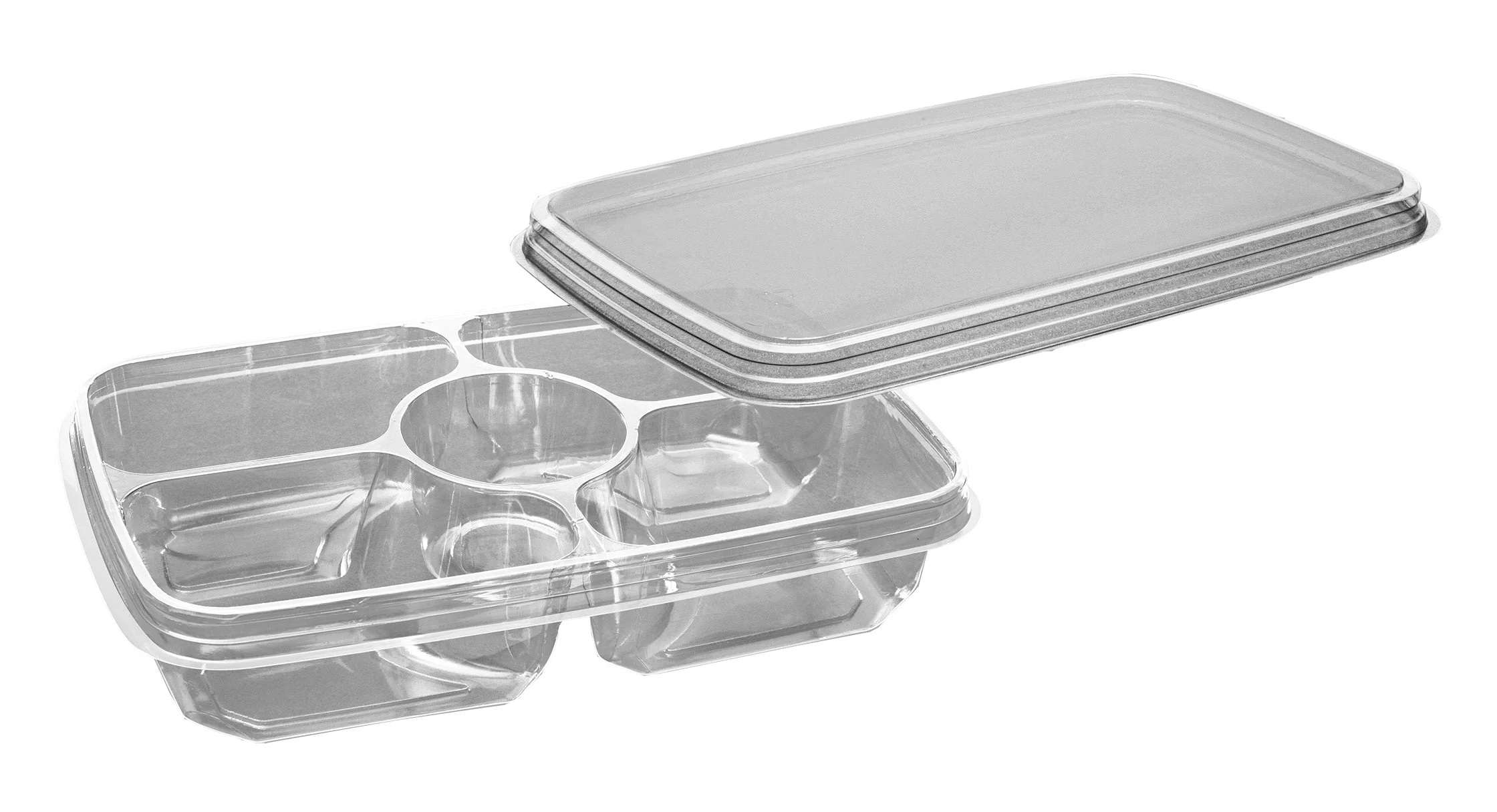 11" X 7" X 2.25" Rectangular 4-Comp. Pet Tray W/ Dip Cup And Flat Lid 48 Oz. 100 Ct.