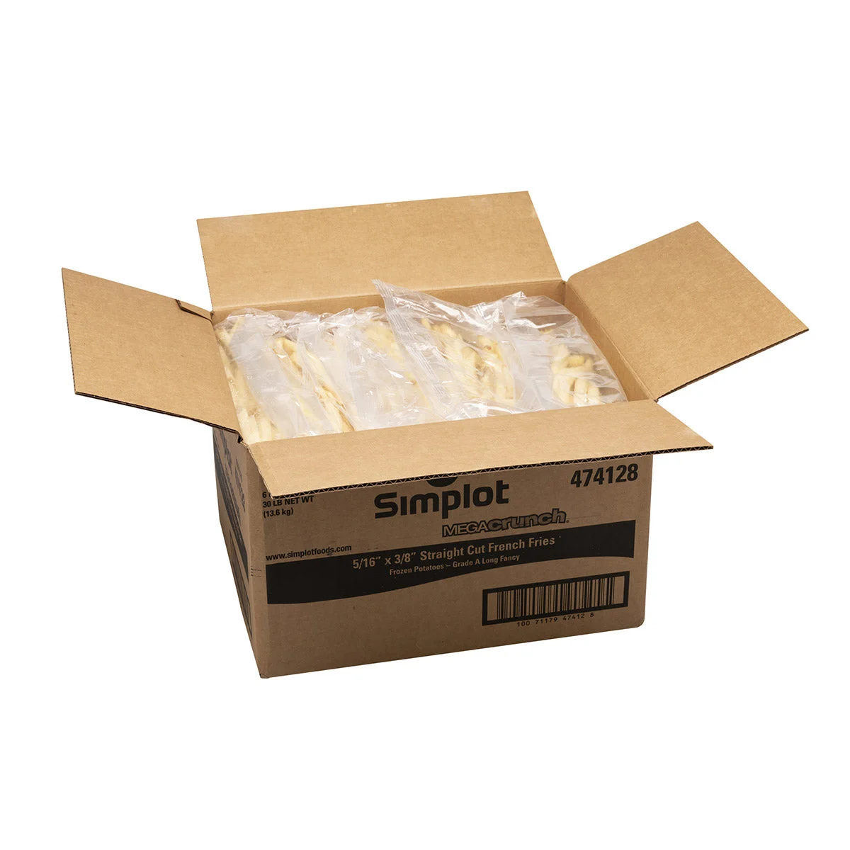 Simplot Megacrunch 6 Inch x8 Inch Battered Straight Cut Fries Skin On 5 Pound Each - 6 Per Case.