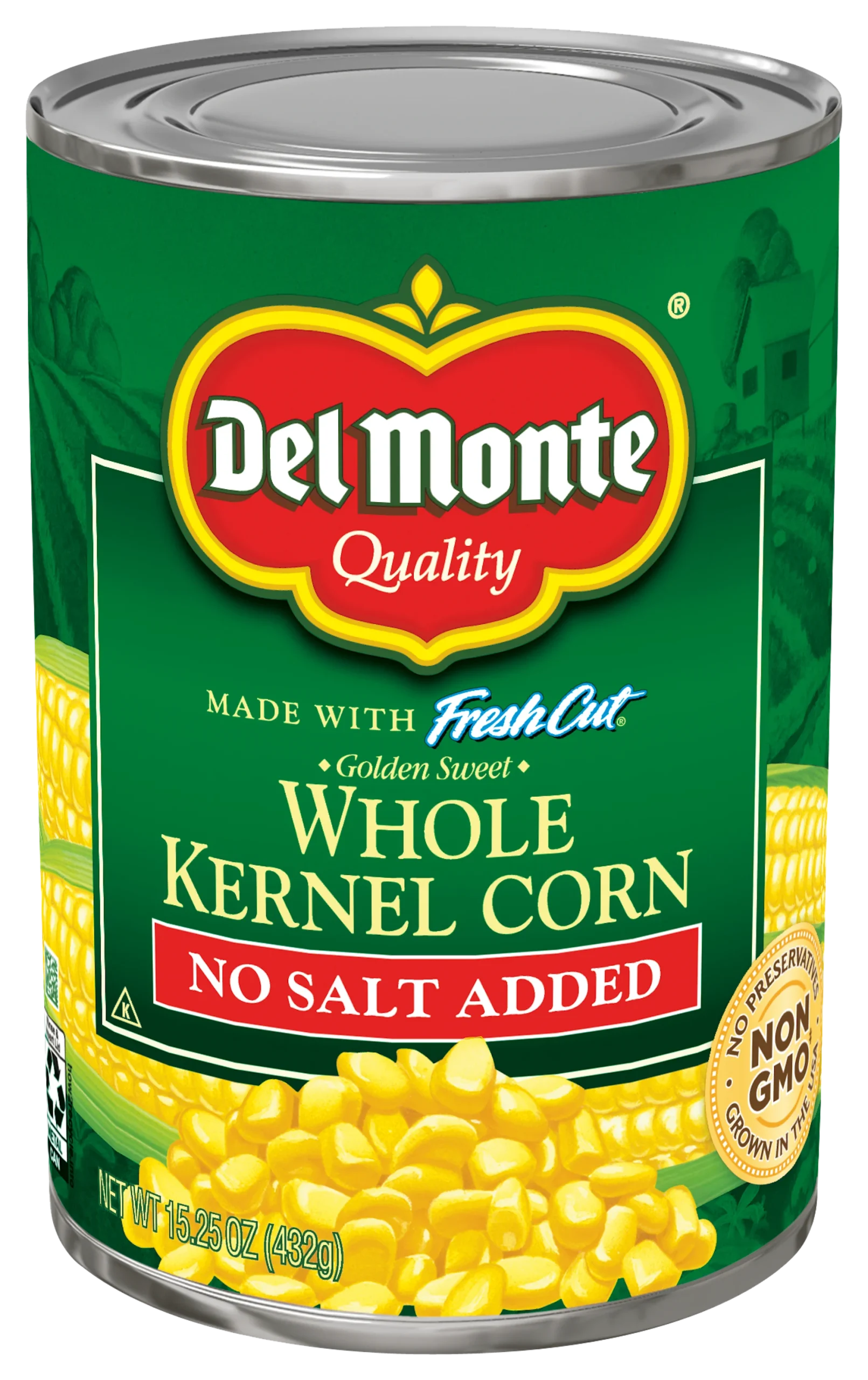 Del Monte Fresh Cut No Salt Added Golden Sweet Whole Kernel Corn Can 15.25 Ounce Size - 24 Per Case.