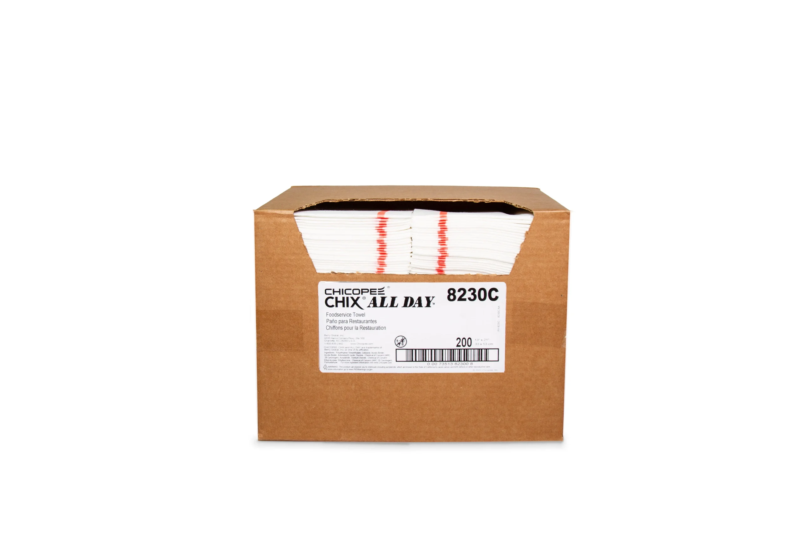 8230C  Chix(R) All Day Foodservice Towel  Medium Duty  White W/ Red Stripe  13 X21   200 Sheets