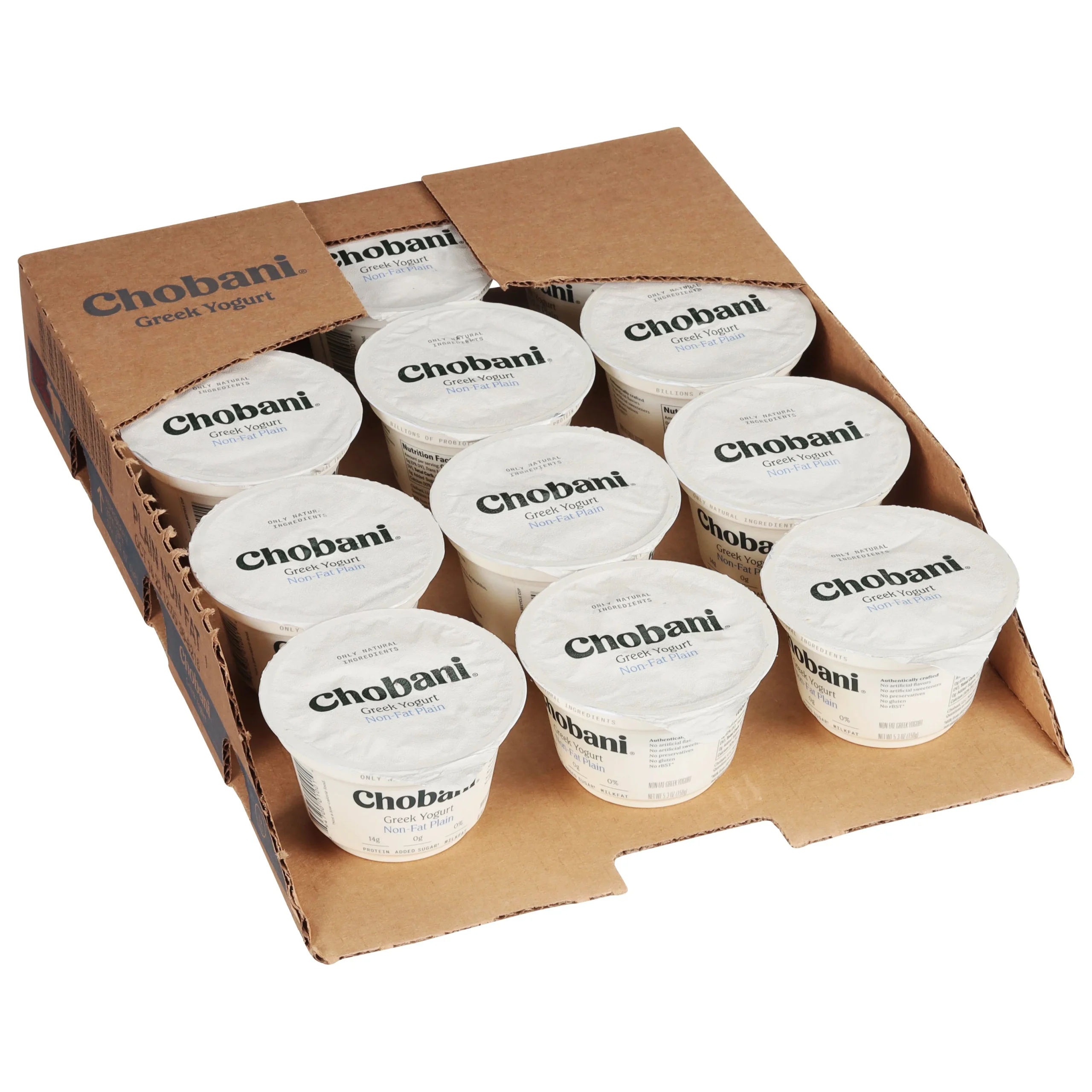 Chobani Non Fat Plain Greek Yogurt 5.3 Ounce Size - 12 Per Case.