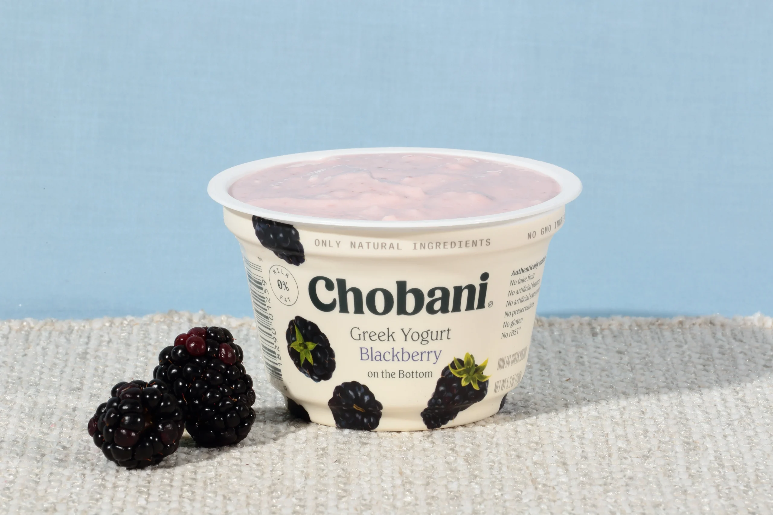 Chobani Non Fat Greek Yogurt Blackberry Onthe Bottom 5.3 Ounce Size - 12 Per Case.