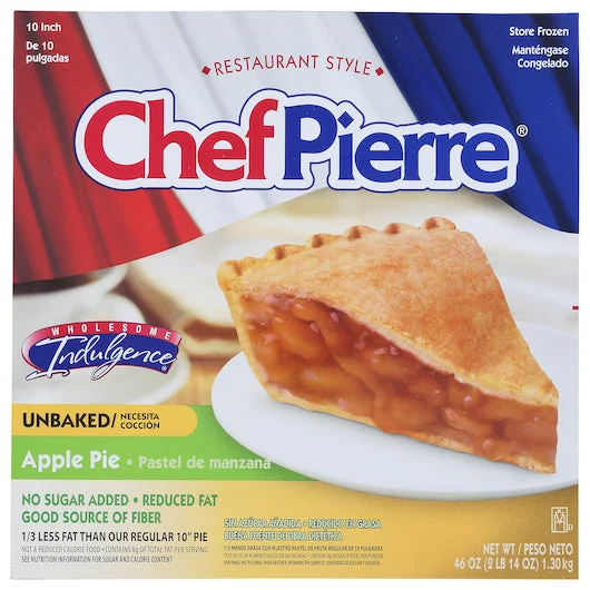 Chef Pierre Apple Traditional Reduced Fat No Sugar Added Unbaked 10 Inch Pie 46 Ounce Size - 6 Per Case.