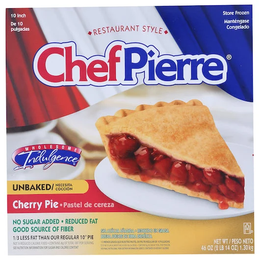 Chef Pierre Cherry Reduced Fat No Sugar Added Unbaked 10 Inch Pie 46 Ounce Size - 6 Per Case.