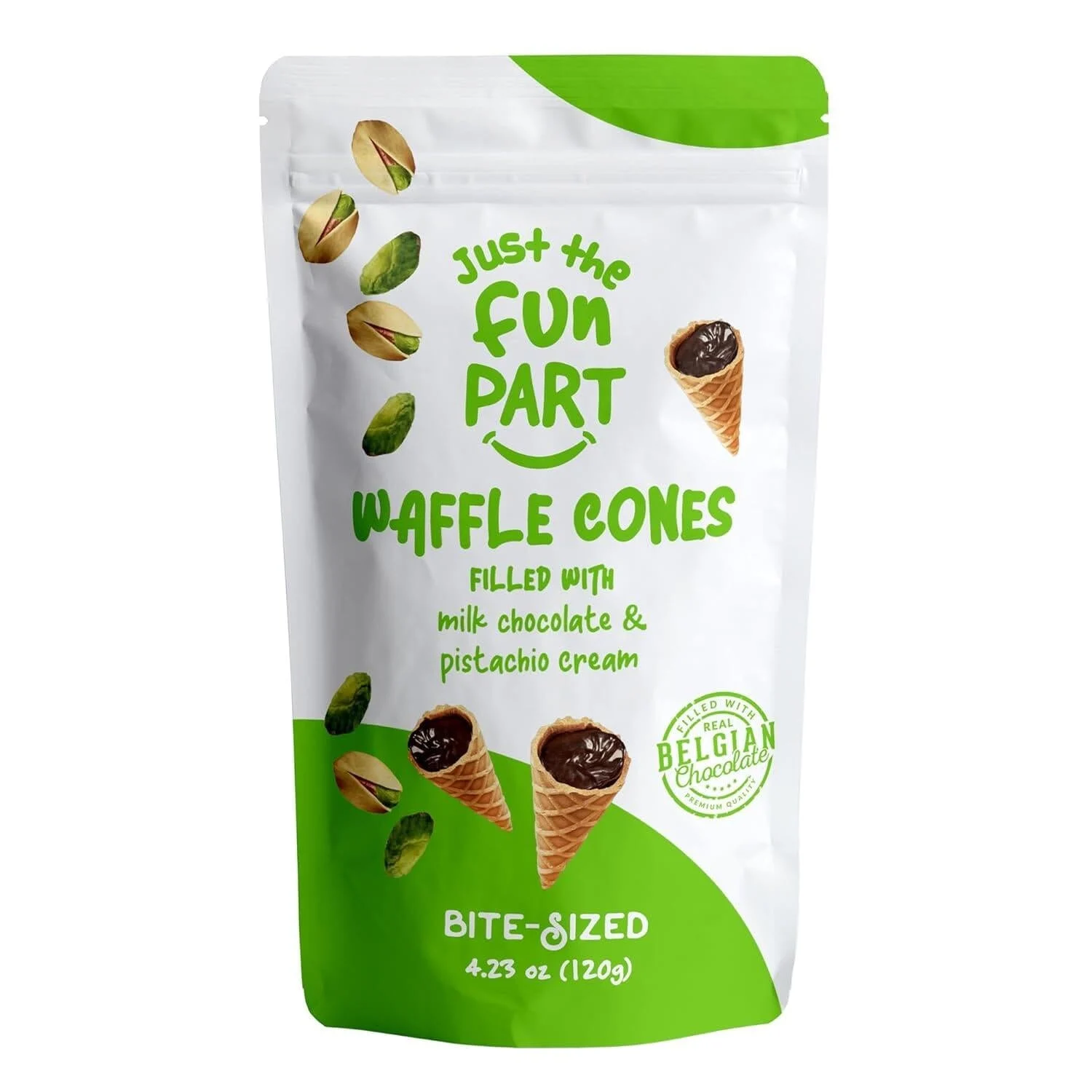[Best Before: 03/03/2027] Just the Fun Part Pistachio Cream & Milk Chocolate Waffle Cones, 4.3 oz