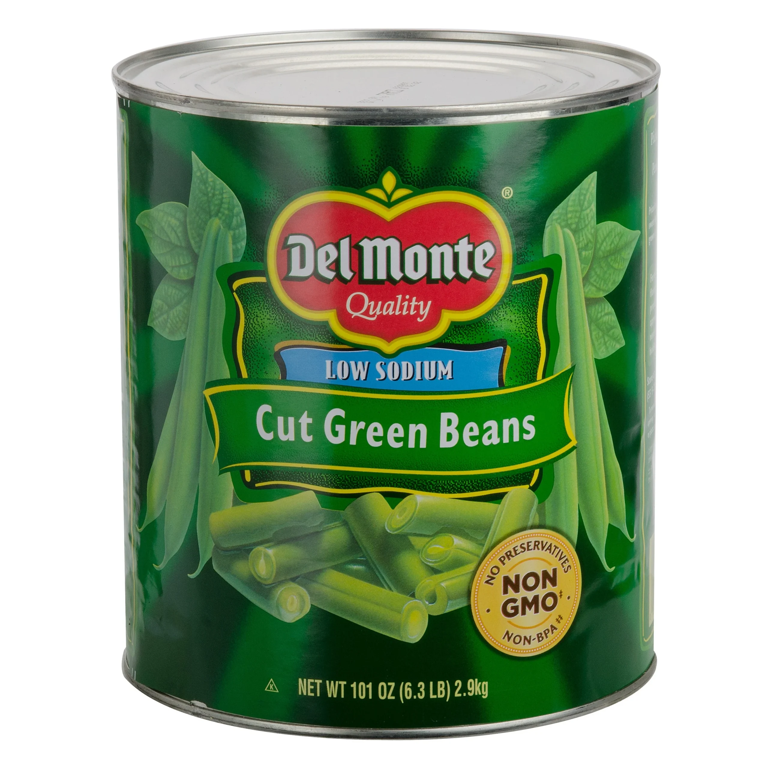 Del Monte Low Sodium Cut Green Beans Can 101 Ounce Size - 6 Per Case.