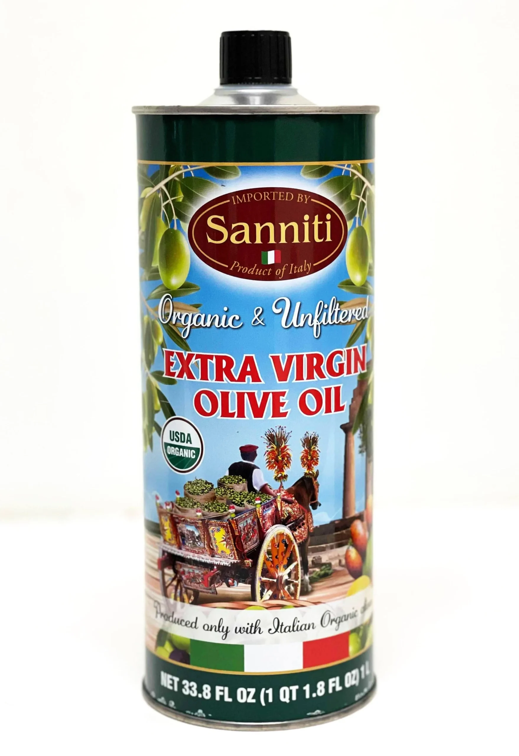 Sanniti Organic Unfiltered Italian Extra Virgin Olive Oil Tin, 1 Liter (33.8 oz)
