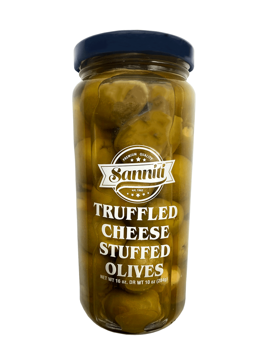 [Best Before: 08/30/2026] Sanniti Truffled Cheese Stuffed Olives, Net Weight 16 oz - Drained Weight 10 oz