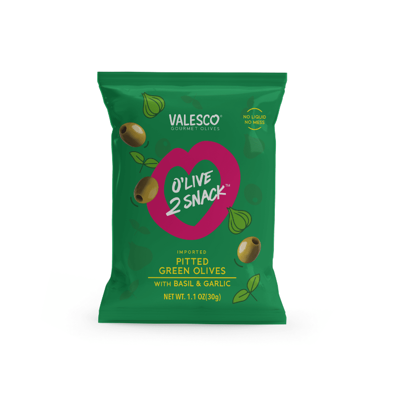 Valesco Basil & Garlic Pitted Green O'lives 2 Snack, 1.1 oz