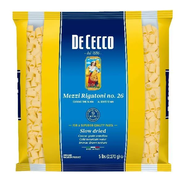 De Cecco Pasta Mezzi Rigatoni 5 Pound Each - 4 Per Case.