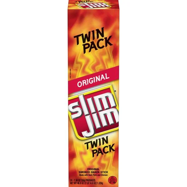 Slim Jim Twin Snack Sized Smoked Meat Stick Original Flavor Count 1.94 Ounce Size - 144 Per Case.