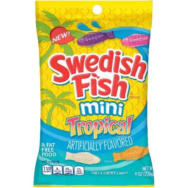 Swedish Fish Soft Candy Tropical Fat Free 8 Ounce Size - 12 Per Case.