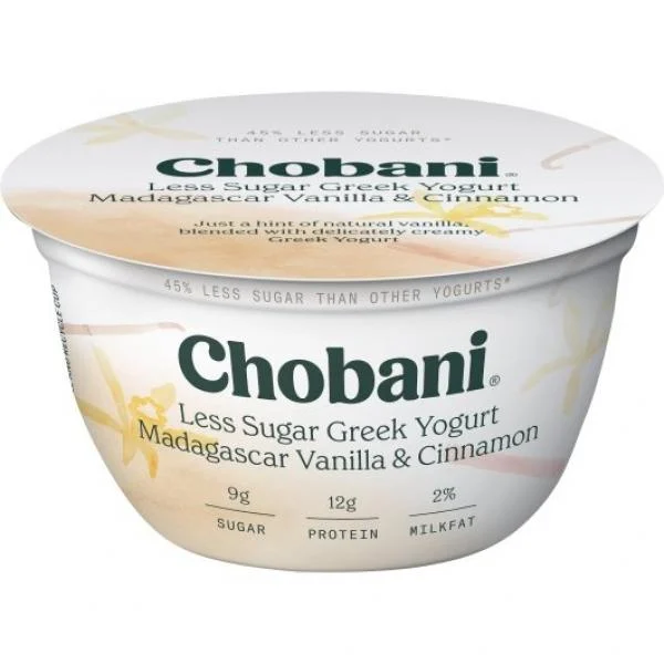 Chobani Less Sugar Low Fat Greek Yogurt Madagascar Vanilla Cinnamon 5.3 Ounce Size - 12 Per Case.