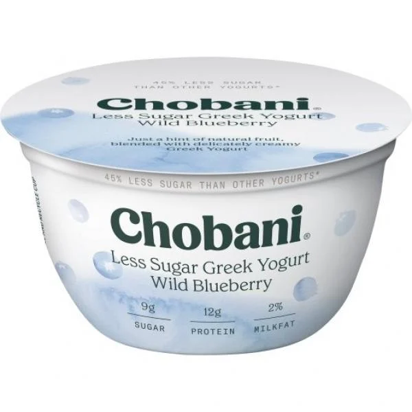 Chobani Less Sugar Low Fat Greek Yogurt Wild Blueberry 5.3 Ounce Size - 12 Per Case.