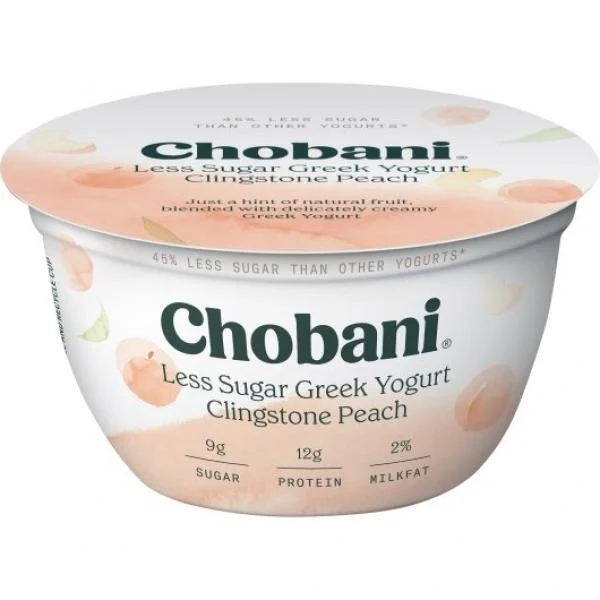Chobani Less Sugar Low Fat Greek Yogurt Clingstone Peach 5.3 Ounce Size - 12 Per Case.