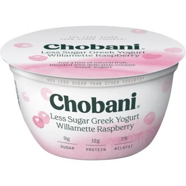Chobani Less Sugar Low Fat Greek Yogurt Williamette Raspberry 5.3 Ounce Size - 12 Per Case.