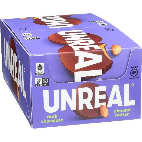 Unreal Candy Dark Chocolate Almond Butter Cup Caddy 0.5 Ounce Size - 240 Per Case.