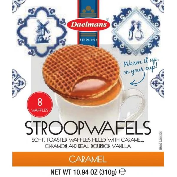 Daelmans Jumbo Caramel Stroopwafel Cube Box 10.94 Ounce Size - 8 Per Case.